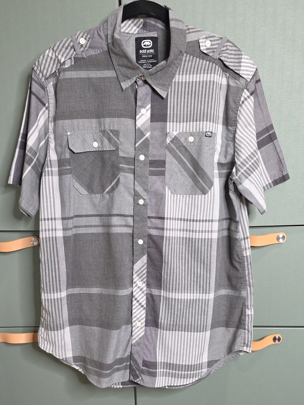 888.  Ecko Unltd Y2K Grey Plaid Patchwork Short Sleeve Button Down Shirt - Large